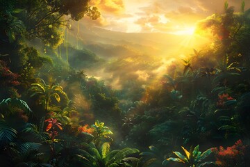 Obraz premium Enchanting Jungle at Sunrise: A Lush Tropical Landscape