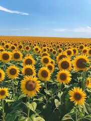 Fototapeta premium A field of sunflowers under a bright blue sky, cheerful and vibrant, perfect for advertising with ample copy space