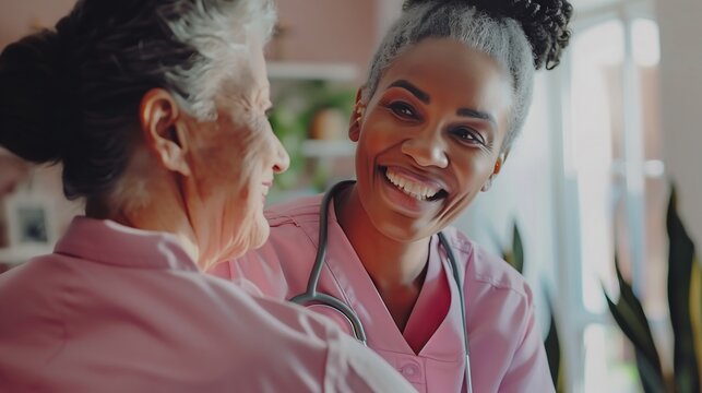 A smiling nurse is caring for a senior patient, showing compassion and care in a healthcare setting. This image highlights the importance of human connection and support in healthcare.