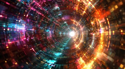 Fototapeta premium Abstract metaverse background with a glowing arch in the center, a perspective tunnel with a huge number of colorful elements illustrating the metaverse, virtual cyberspace