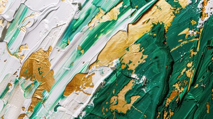 Abstract rough green white gold art painting texture background illustration, with oil brushstroke and pallet knife paint on canvas