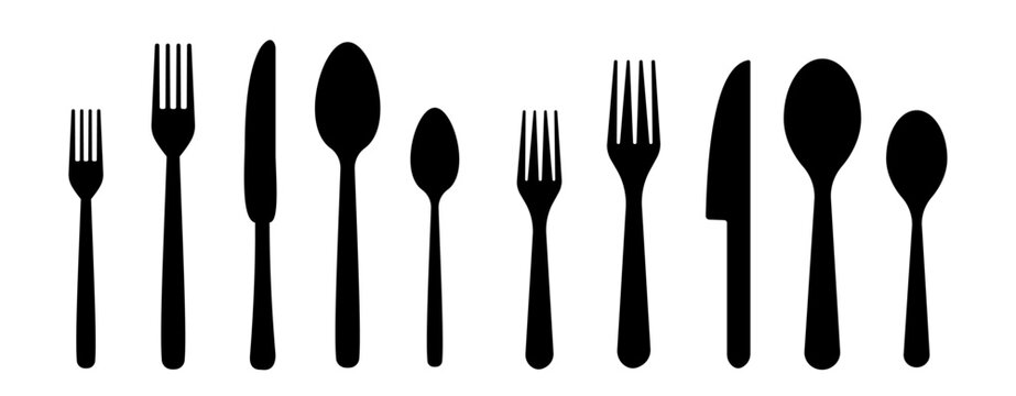 Set different fork, spoon and knife icons sign. Silverware icons. Logotype menu. Menu symbol. Black silverware icon. Vector illustration.