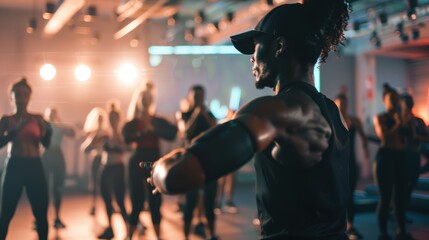 Fitness instructor leading a high-energy exercise class in a gym, directing participants through dynamic choreography