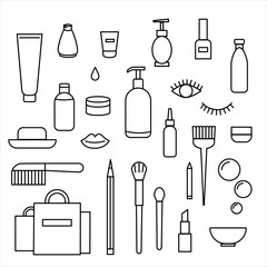 Set of linear icons of beauty care and cosmetics products. beauty, makeup, cream, hair dye, brush, visage, soap, comb, jar, eye, eyelashes, drop, bubble, lips, pipette, lipstick, painting, hai