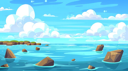 Sea landscape with blue sea water and clouds in blue sky cartoon illustration