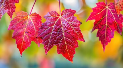 Fototapeta premium Three vibrant red autumn leaves with blurred background