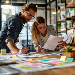 Fototapeta premium A Collaborative Team Huddle Over Charts and Data in a Modern Office Setting