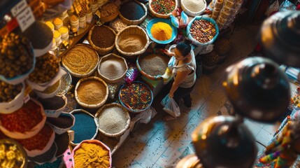 Woman browsing through a wide selection of spices at a traditional market