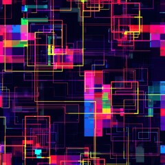 Geometric Digital Art with Neon Colors featuring intricate patterns and vibrant, glowing lines in a dynamic composition.