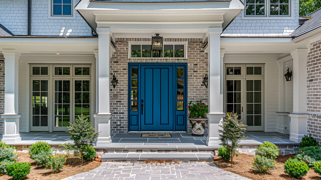 Front blue door, a grand entryway leading up to a front blue door ,A nice entrance of a luxury house ,A dark fornt door and porch of a new construction house ,Elegeant front door