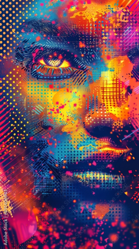 Poster vibrant digital face with expressive eyes and intricate patterns on a dark background. highlights fu
