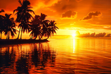 Golden Sunset Over Palm Trees and Tranquil Waters