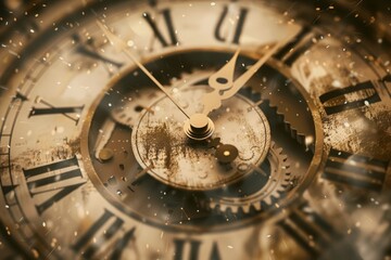 Vintage clock gears close-up in sepia