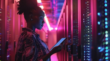Obraz premium Black female, Chief Technology Officer, using a tablet standing in Big Data Center
