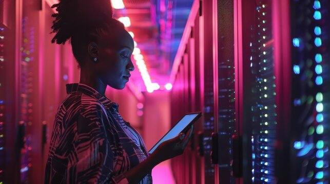 Black female, Chief Technology Officer, using a tablet standing in Big Data Center