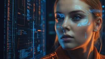 Portrait of a IT specialist analysing futuristic holographic data information.