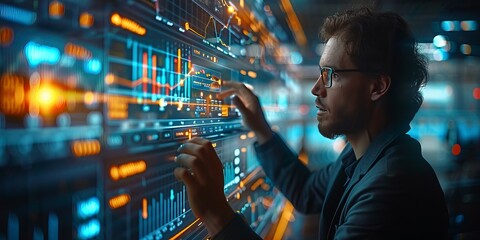 Man interacting with a large digital screen displaying complex data visualizations and graphs in a high-tech environment