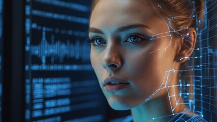 Portrait of a IT specialist analysing futuristic holographic data information.