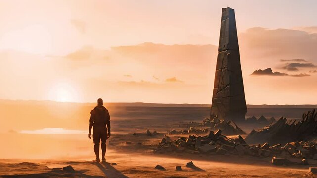 A solitary figure stands before a towering obelisk in a desolate wasteland as the sun sets in the distance.