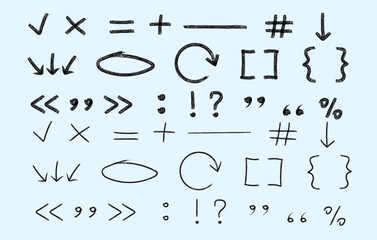 Charcoal graffiti. Drawing doodle Drawing arrow cross approved square round heart hashtag star plus minus bolt. Chalk scribble. Isolated on blue background	