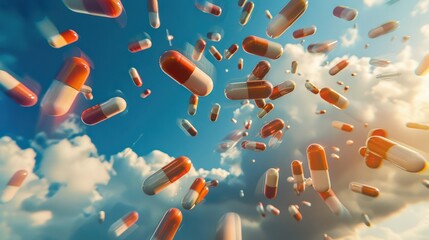 Capsules falling from the sky, symbolizing drug addiction and the overuse of medical prescriptions. This image highlights the potential dangers and widespread issue of medication misuse.