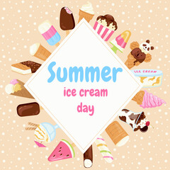 Summer flyer with different ice cream. Hand drawn popsicle with sprinkling, scoop balls in cups. Colorful balls or swirls of gelato, frozen yogurt vector illustration great for card, banners, frame
