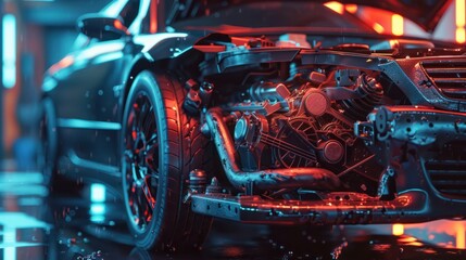 Fototapeta premium Car mechanic is working on broken engine in luxury car, car service banner. Generative Ai.