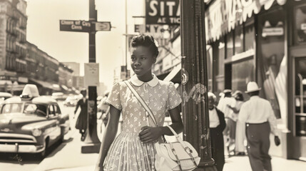 Obraz premium A Young Woman Walks Down a City Street in the 1950s