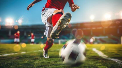 Soccer player in red uniform kicks ball on grass field during championship match