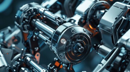 Close-up of robotic parts in a smart factory setting, showcasing advanced technology and precision engineering. Ideal for illustrating modern manufacturing and automation concepts.