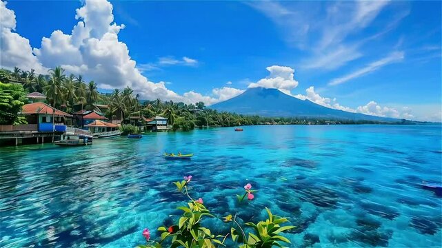 A beautiful blue ocean with a mountain in the background. The water is calm and clear. There are boats floating on the water and a few houses in the distance. The scene is peaceful and serene