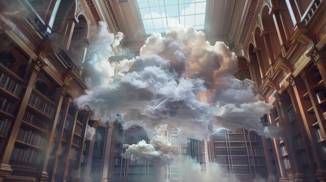 Cloud Library: Unveiling the Future of Document Archival, futuristic library where books are replaced by floating digital clouds containing categorized documents, the evolution of archival practices.