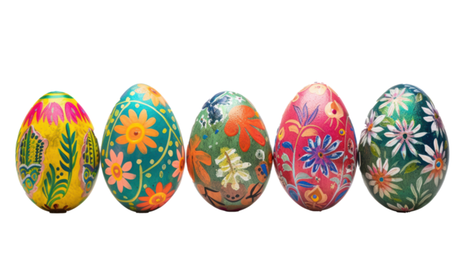 Colourful hand painted decorated easter eggs