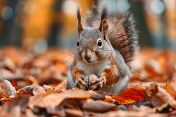 Fototapeta premium Adorable Squirrel Among Autumn Leaves