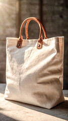 Blank white canvas tote bag mockup on a sunlit table, perfect for showcasing designs This eco-friendly product  is perfect for promoting sustainable living simple, and durable design.