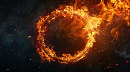 a mesmerizing ring of fire hovers in midair its flames dancing and twirling against a dark background vibrant oranges and reds create an intense hypnotic spectacle