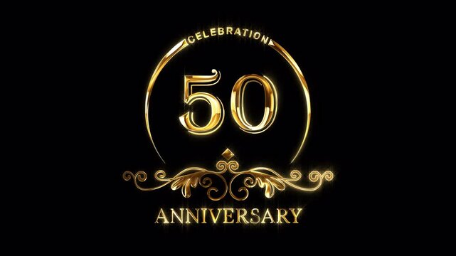 50th Anniversary Celebration. Golden 50 Years Anniversary Animation in Gold Color on the Transparent Background, Alpha Channel. Great for greetings, celebrations, events, and gifts.