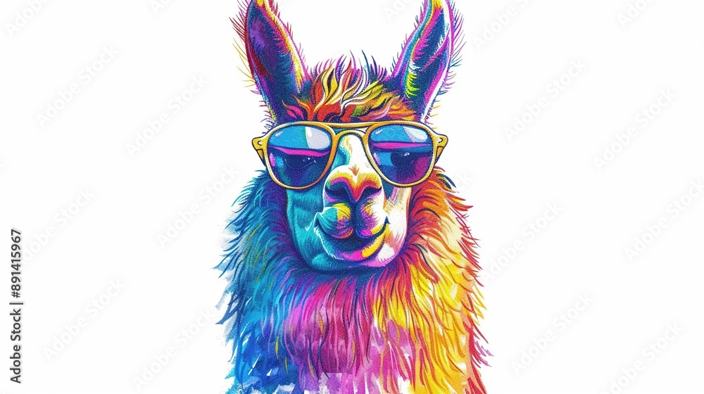 Poster cute cartoon full body llama wearing sunglasses, doodle colored pencil painting folk art fantasy vib