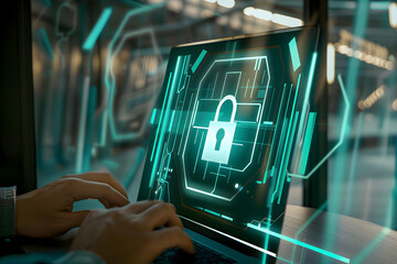 Person typing on a laptop with a glowing digital padlock symbol on the screen indicating cybersecurity
