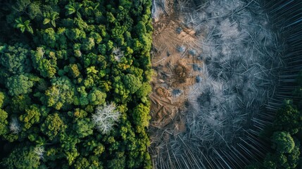 aerial splitscreen image of deforestation lush rainforest contrasted with barren logged area environmental crisis concept drone photography style
