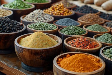 Fototapeta premium A Colorful Array of Spices in Wooden Bowls