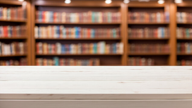 Empty white wooden table for product display with blurry library background