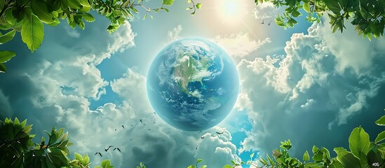 In the midst of a cloudy sky a radiant blue globe is encircled by healthy green plants representing the significance of ecological preservation and maintaining 