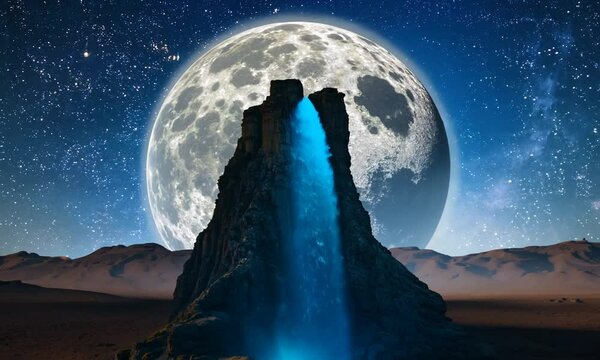 Erdtree-like Tree with Blue Waterfalls in Lifeless Desert - Elden Ring Inspired