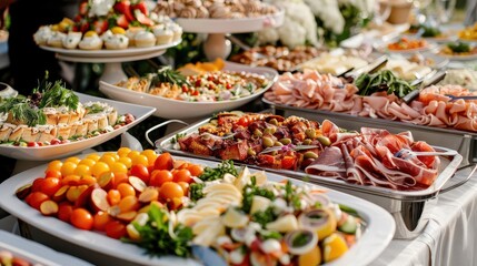 Obraz premium an opulent catering buffet overflowing with gourmet dishes colorful meats vegetables and desserts artfully arranged on elegant serving platters creating a feast for the eyes