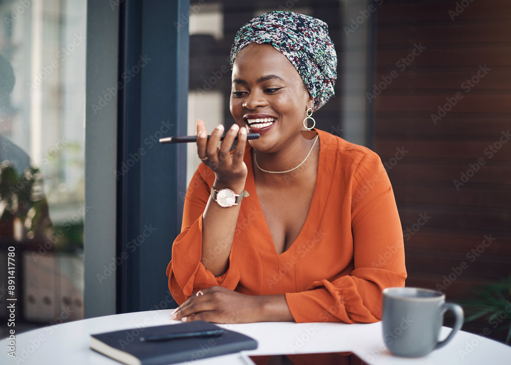 Poster balcony, black woman and happy for voice note on smartphone for social media, communication and netw
