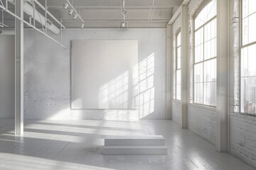 Sun shining through windows in gallery with empty frame