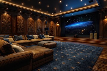 Naklejka premium Luxury Home Theater A plush home theater with recliner seats, a large screen, and surround sound. Add dark walls, soundproofing panels, and a popcorn machine. --ar 3:2 --style raw --stylize 750 Job ID