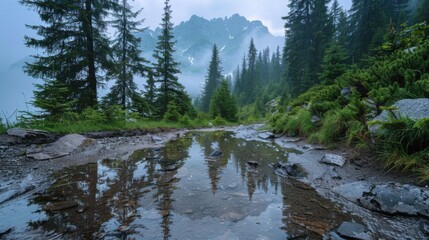 Serene Reflections of Nature: Clear Rain Puddle on Mountain Path with Pine Trees and Misty Range, Adventure Concept