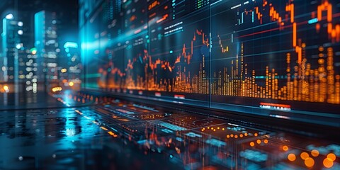 Fototapeta premium Close-up of a large digital screen displaying data visualizations and stock market charts, with a futuristic cityscape in the background illuminated by neon lights